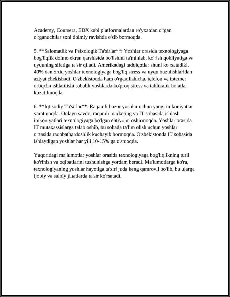 REFERAT Mavzu: YOSHLAR ORASIDA ZAMONAVIY TENDENSIYALAR: MUAMMOLAR VA YECHIMLAR 4