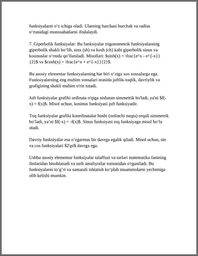 ASOSIY ELEMENTAR FUNKTSIYALAR, ULARNING XOSSALARI. FUNKTSIYALARNING JUFT- TOQLIGI, DAVRIYLIGI, GRAFIGI 4
