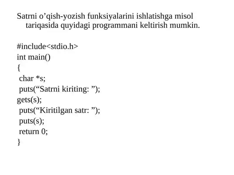 C++ tilida belgilarni o‘qish-yozish funksiyalari. Satrlarni o‘qish - yozish funksiyalari. 4