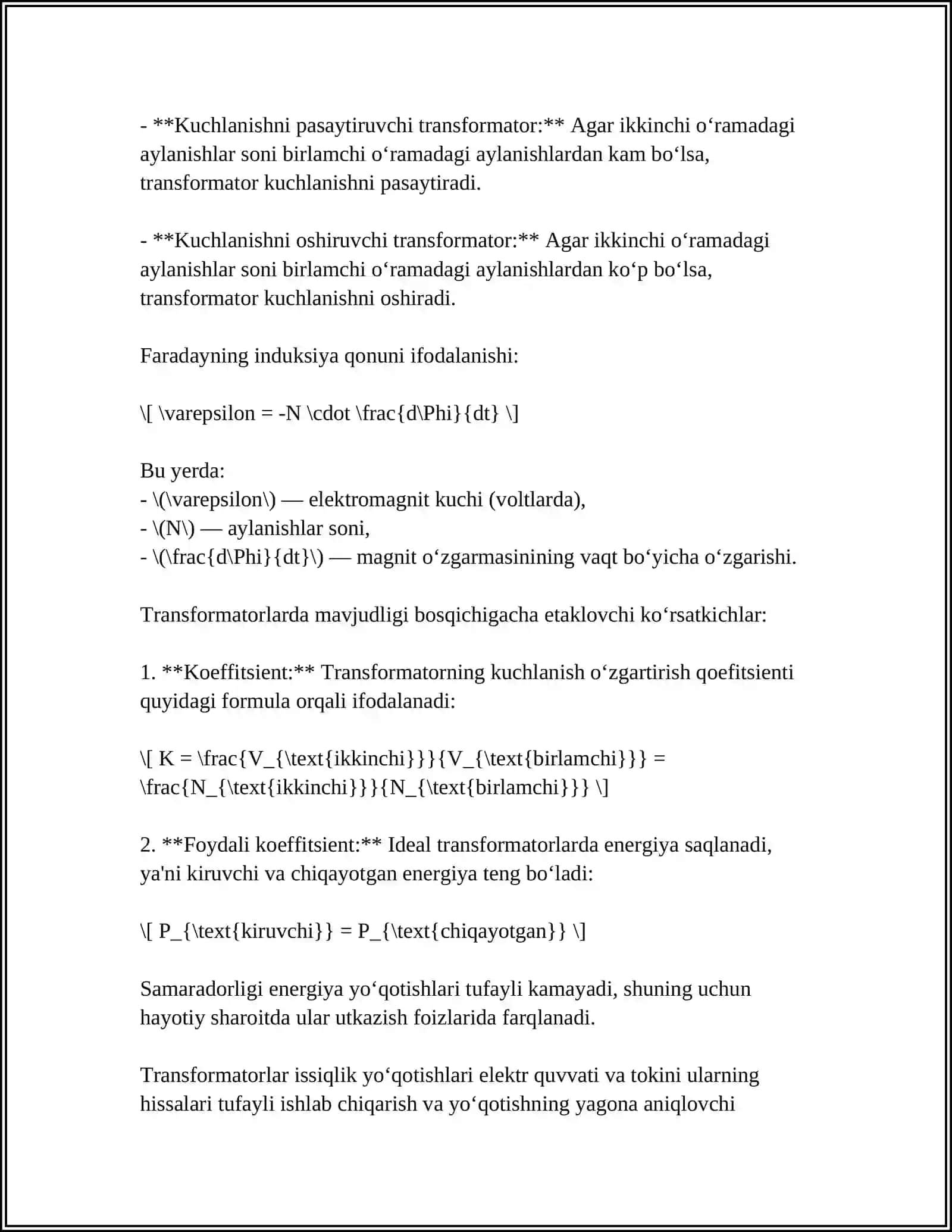 TRANSFORMATORLARGA OID UMUMIY MO'LUMOTLAR TRANSFORMATORLARNIG MAGNIT SISTEMALARI VA CHOLG'AMLARI 4