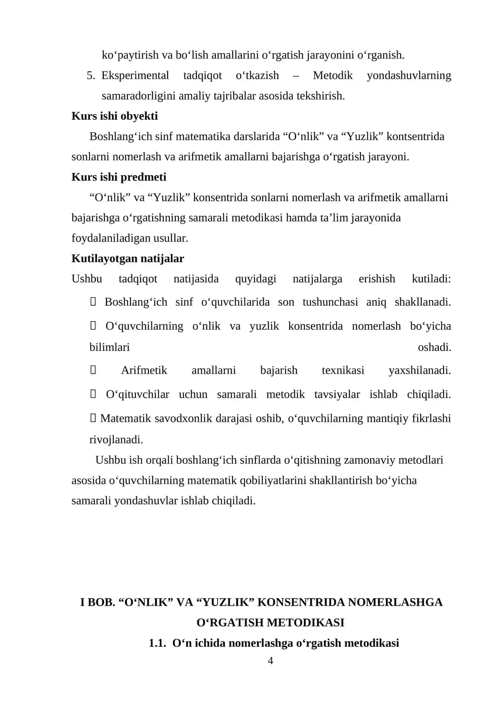 “O‘nlik”, “Yuzlik” konsentrida nomerlashga o‘rgatish metodikasi. Konsentrlarda arifmetik amallarni bajarishga o‘rgatish” 4