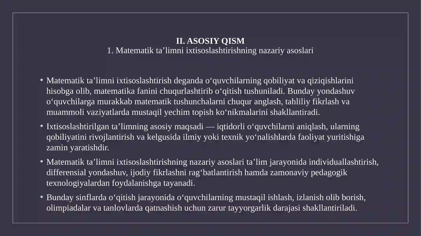 Matematikada ixtisoslashtirilgan sinflarda oʻqitishni tashkilotish 4