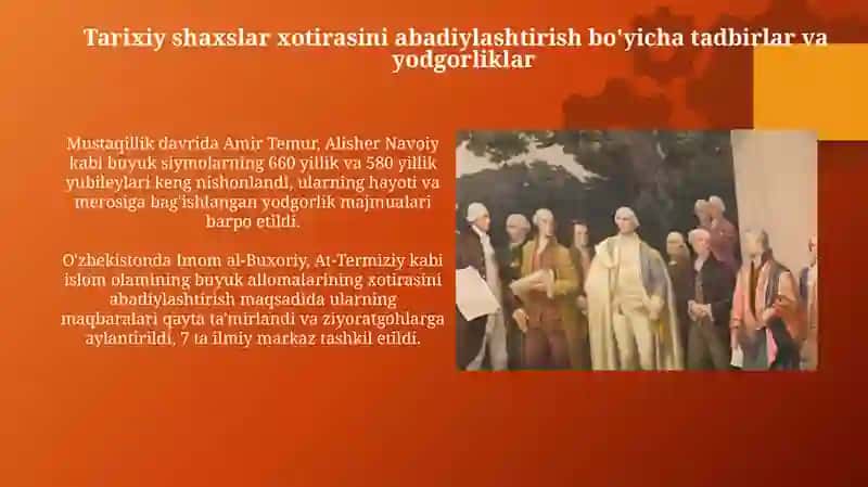 Mustaqillik yillarida buyuk ajdodlar va tarxy shaxslarga bulgan e'tibor 4