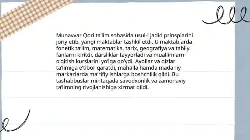Jadid maʼrifatparvarlarining oʻlka ijtimoiy manaviy hayotida tutgan oʻrni ( Munavvar Qori,Fitrat,Behbudiy,Avloniy) va boshqalar 4