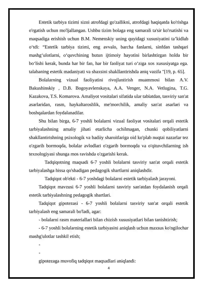 MAKTABGA TAYYORLOV (6YOSHDAN 7 YOSHGACHA ) GURUHDAGI BOLALARNING ESTETIK TARBIYASINI RIVOJLANISHIDAGI O‘ZIGA XOSLIGI 4
