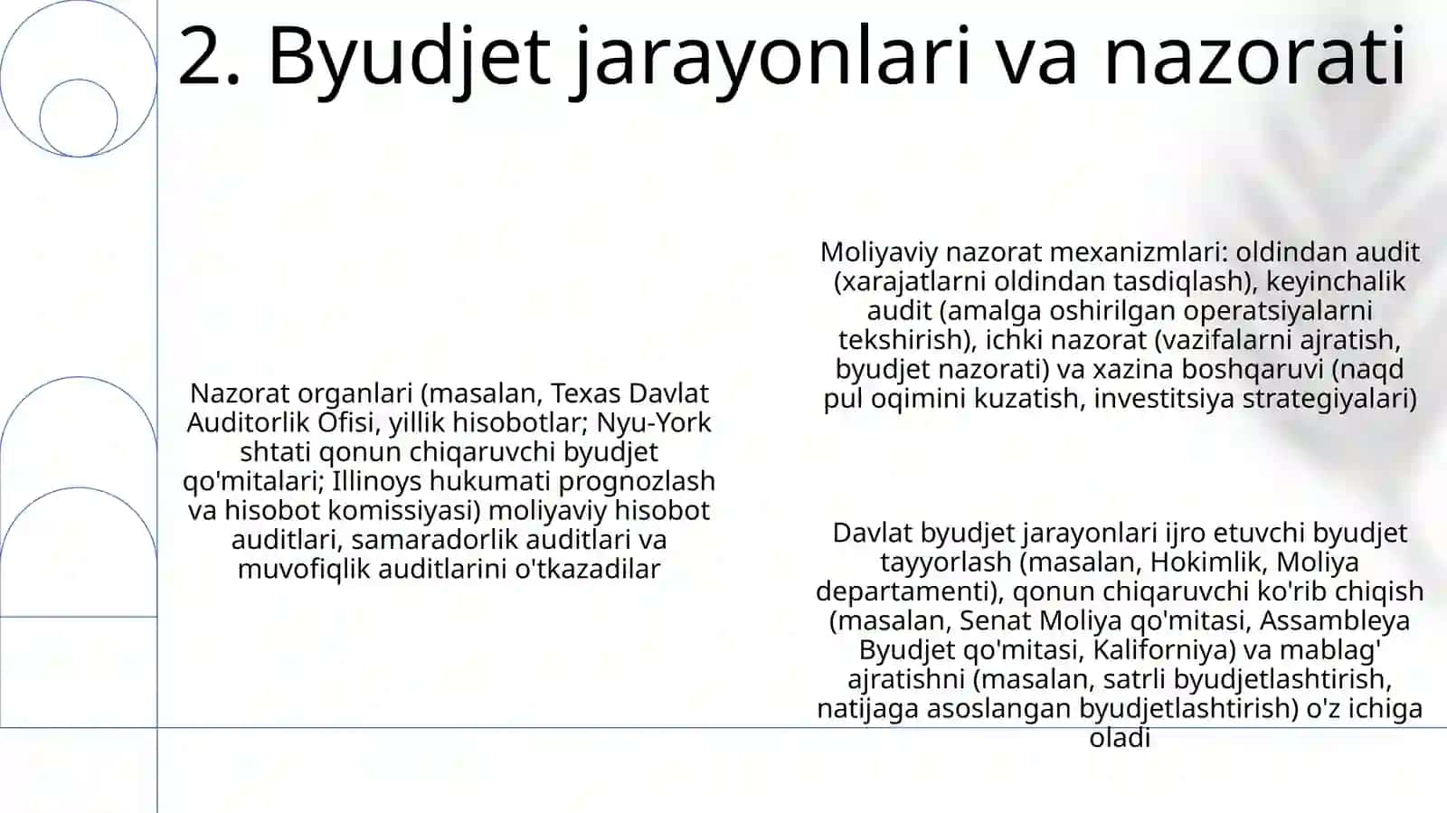 Umum davlat nazorat organlari va ularning moliyaviy nazoratni tashkil etishlari 4