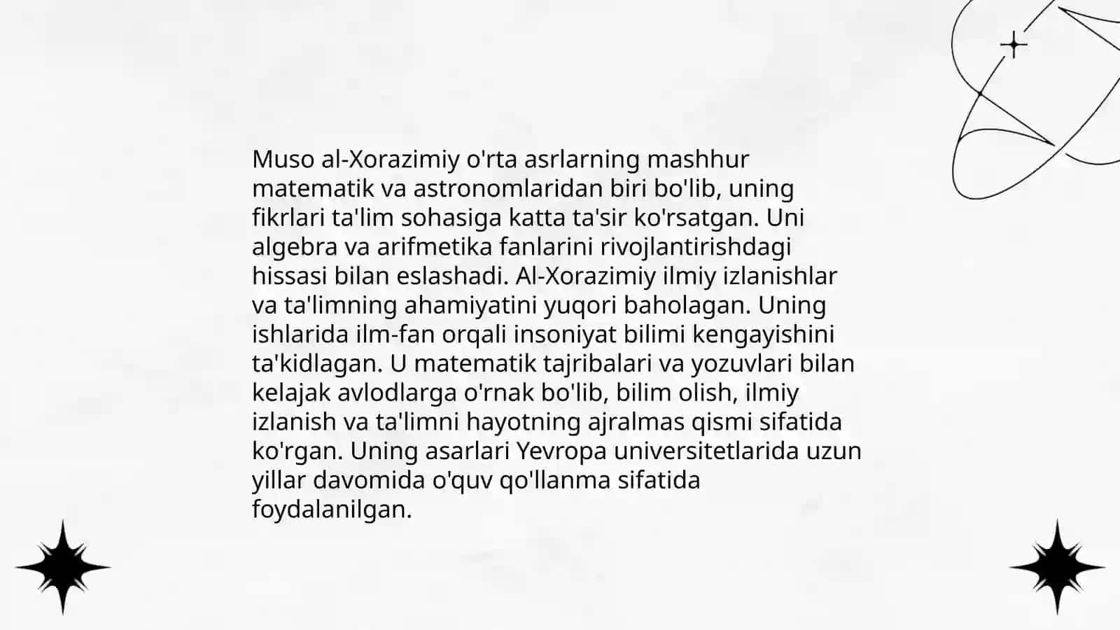 Sharq mutafakkirlarining pedagogik qarashlari va ustoz-murabbiyga qòygan talablarini oʻrganib taqdimot tayyorlang 4