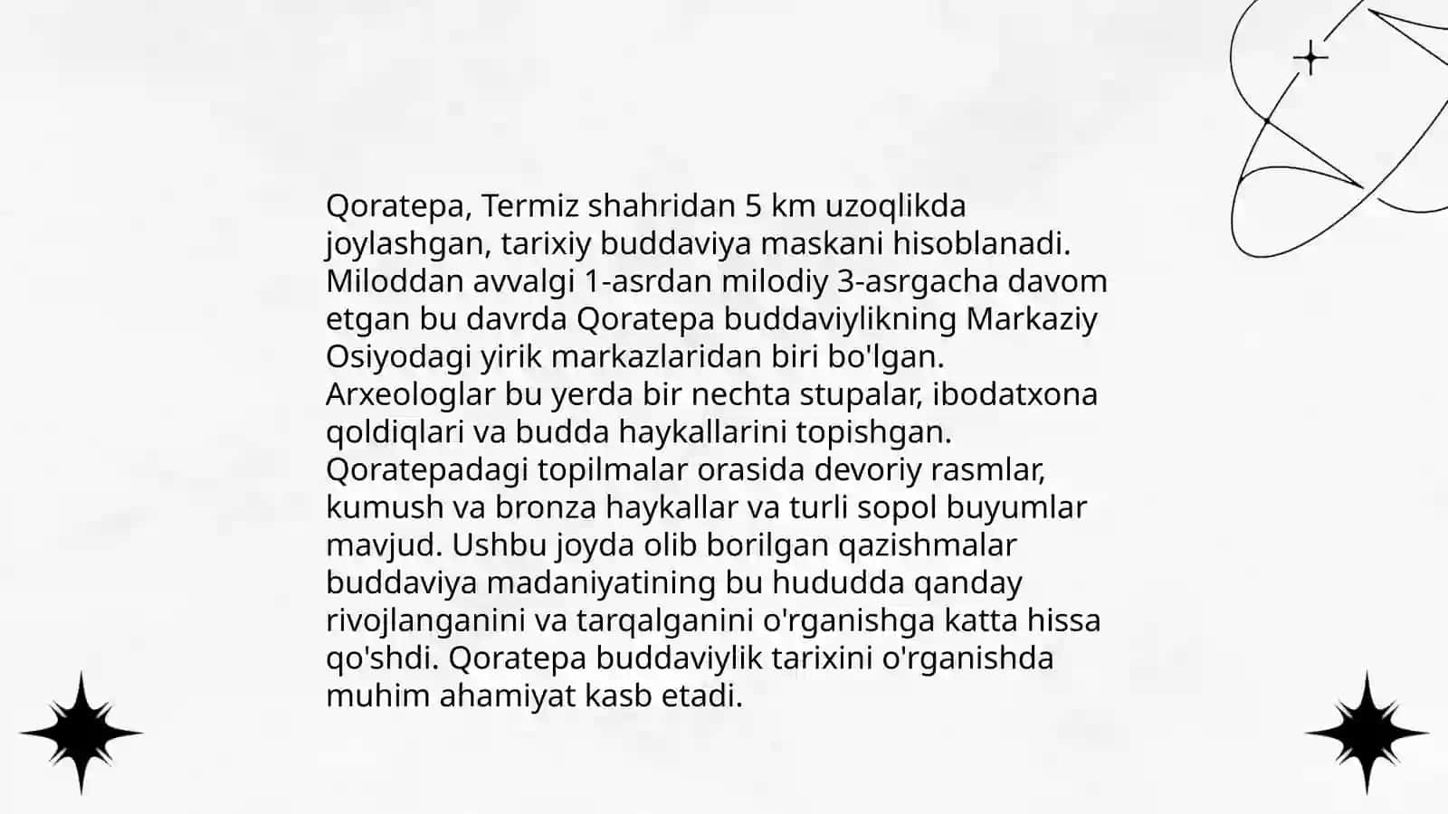 Oʻzbekistonda buddaviylik dinining tarixiy ildizlari (Qoratepa, Fayoztepa, Dalvarzintepa) va hozirgi zamon 4
