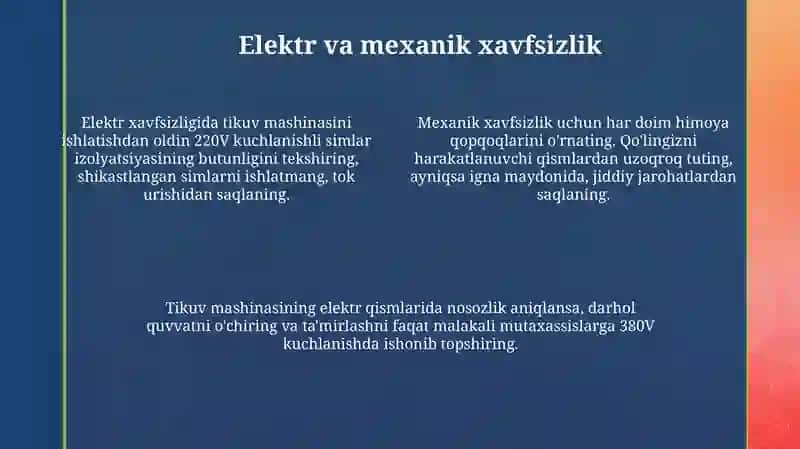 Tikuvchilik mashinalarini ishlatish va ta'mirlashda texnik xavfsizligi 4
