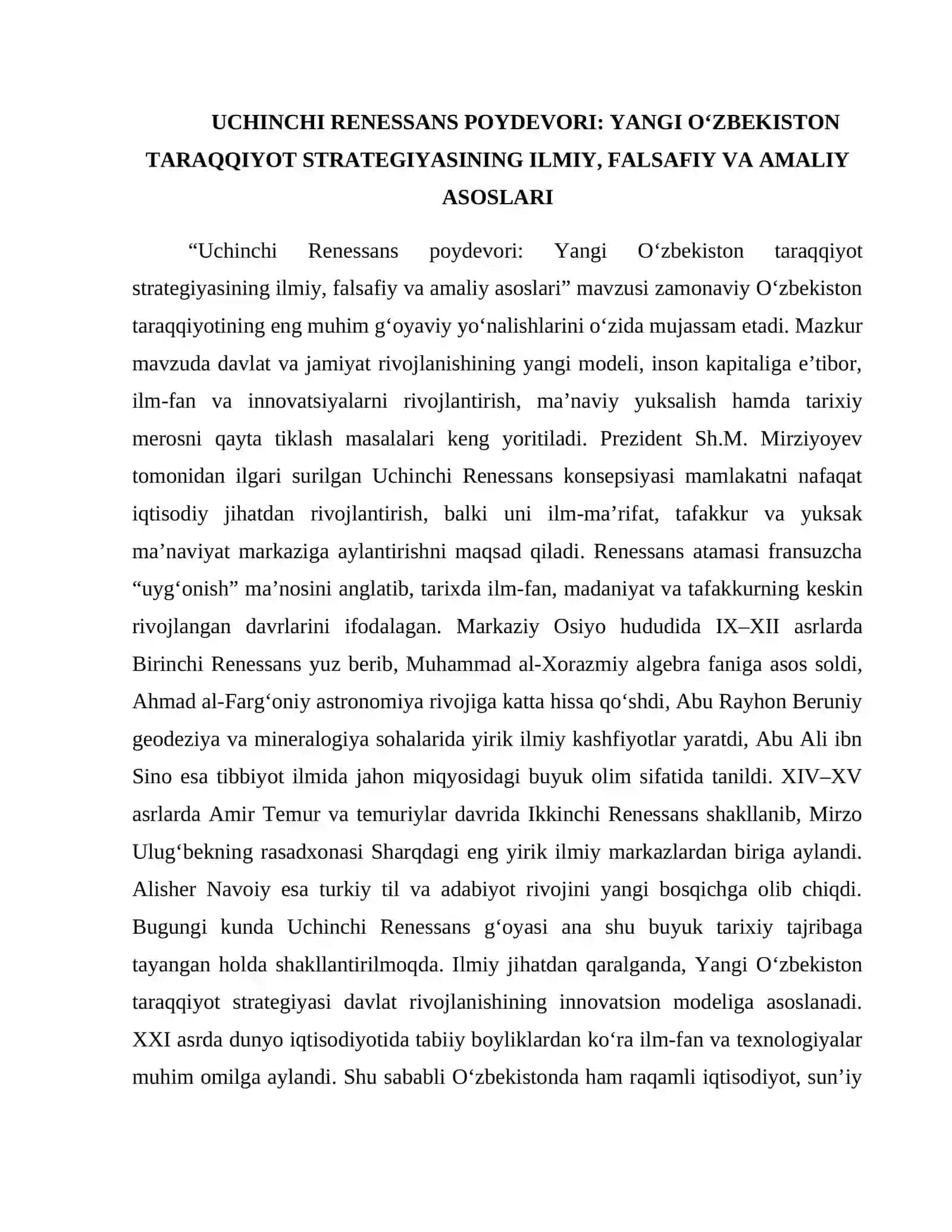 “YANGI O‘ZBEKISTON TARAQQIYOT STRATEGIYASI” KITOBIDA RIVOJLANISH MODELI, UCHINCHI RENESANS TUSHUNCHALARI 4