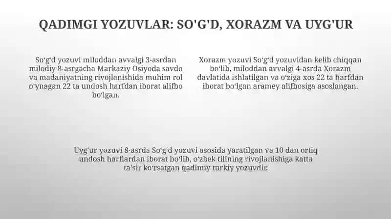 O‘rta Osiyo xalqlarining yozuv tarixi. Yozuvning hozirgi ko‘rinishlari 4