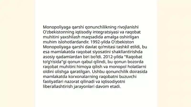 OʻZBEKISTONDA RAQOBATCHILIK MUHITINING SHAKLLANISHI VA MONOPOLIYAGA QARSHI QONUNCHILIKNING KUCHAYTIRILISHINING AHAMIYATI 4