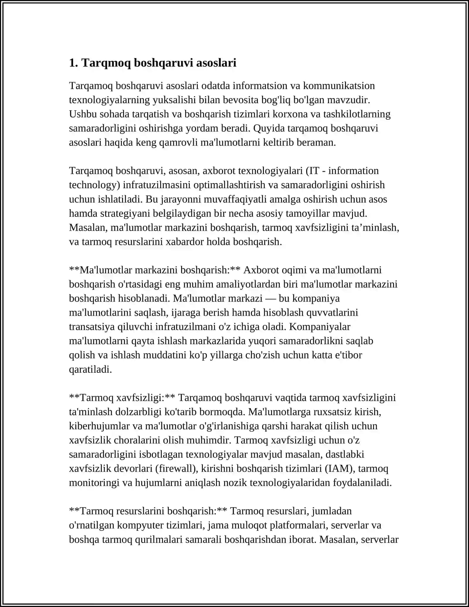 TARMOQ BOSHQARUVI. TARMOQNI BOSHQARISHNING ASOSIY VOSITALARI, TAQSIMLANGAN TARMOQNI BOSHQARISHDA DOMEN NOMLARI SERVERINING (DNS) ROLI. ICMP VA SNMP KABI UMUMIY TARMOQ BOSHGARUV PROTOKOLLARI 4
