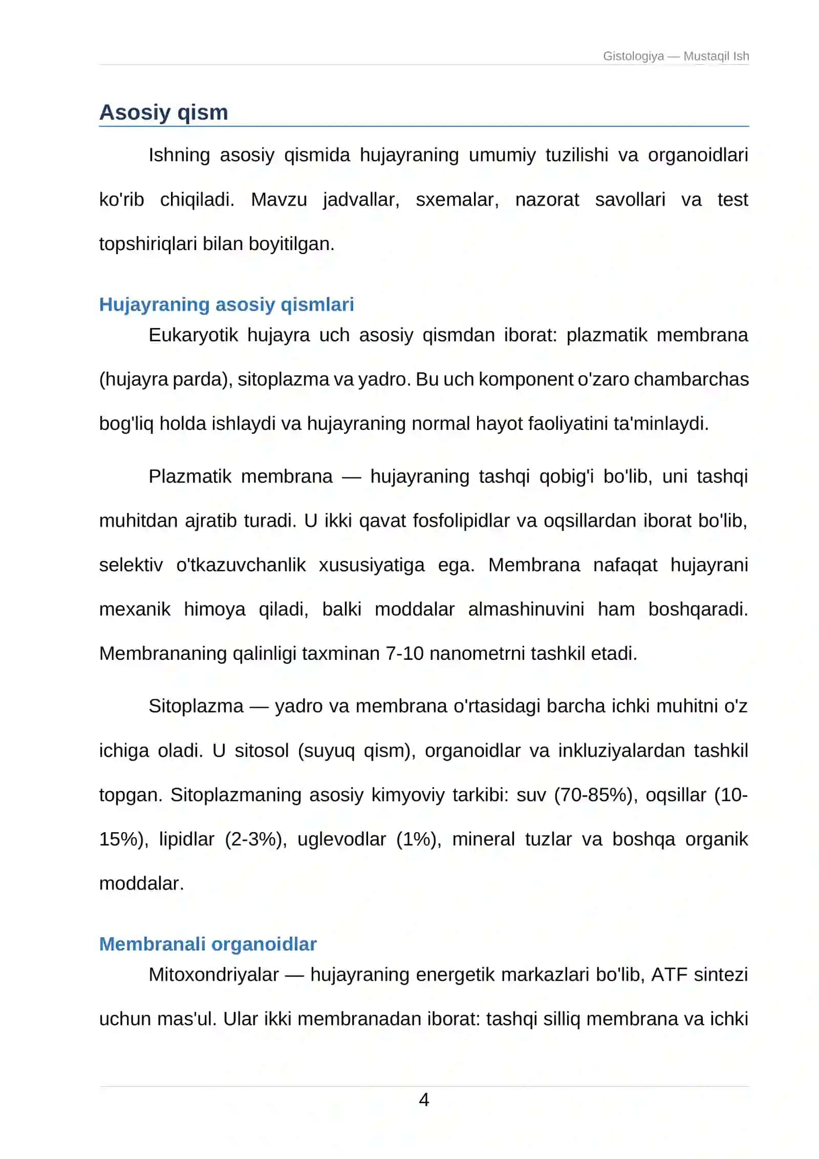 Mustaqil Ish: Gistologiya, sitologiya va embriologiya 4