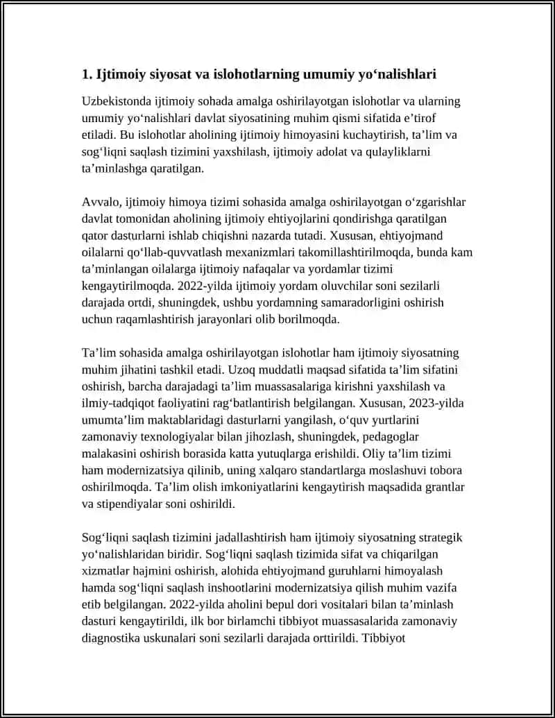 OʻZBEKISTONDA IJTIMOIY SOHADA AMALGA OSHIRILAYOTGAN OʻZGARISHLAR MAZMUN VA MOHIYATI 4