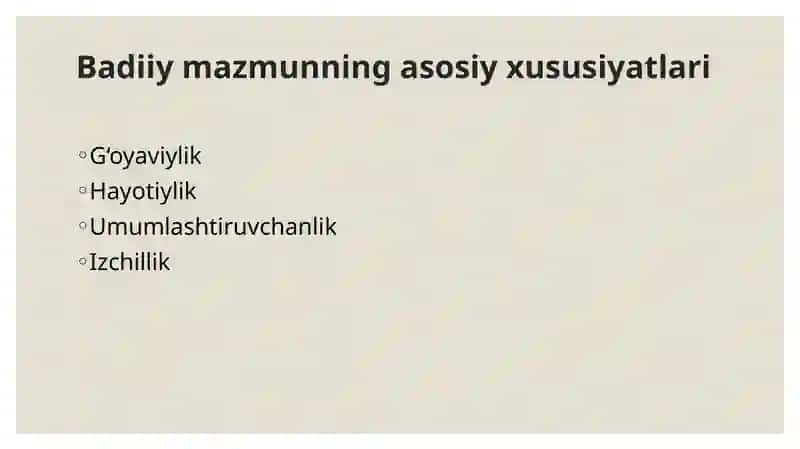 "Badiiy mazmunning xususiyatlari" taqdimot (slayd) 4