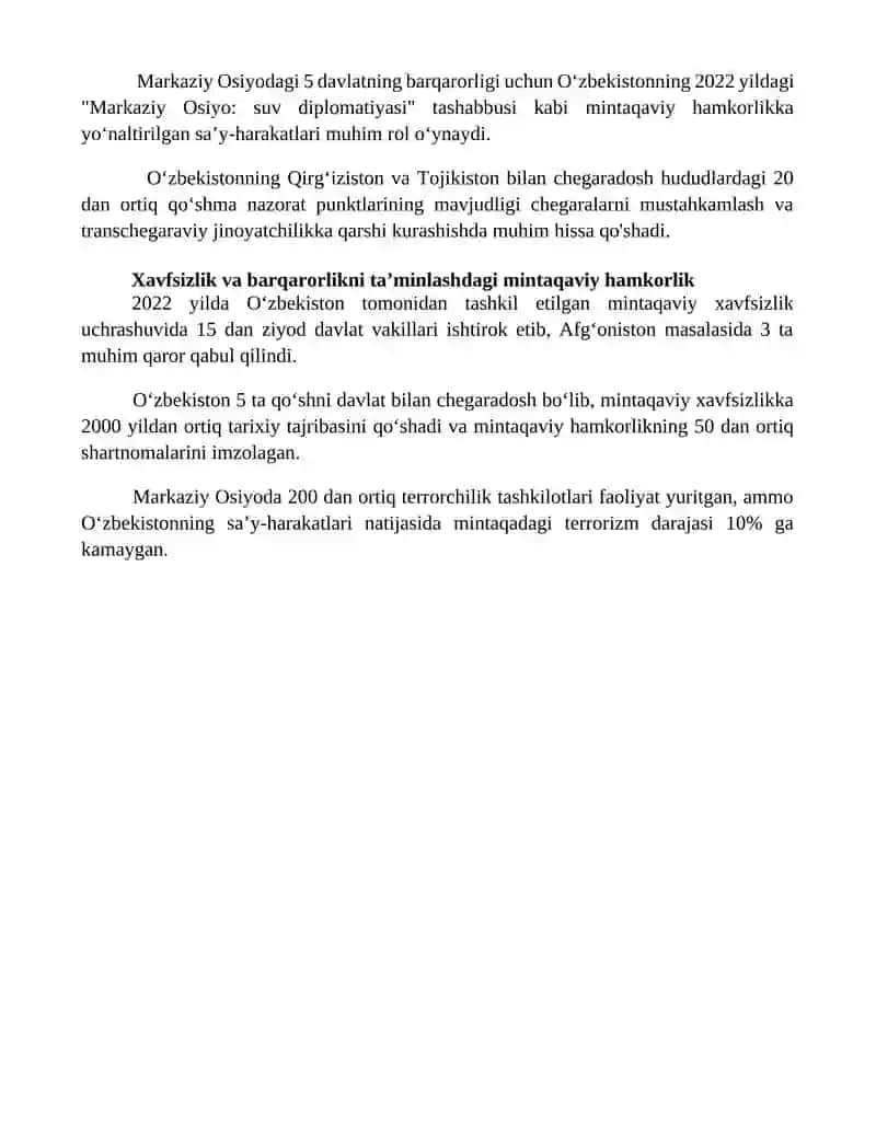 O'zbekistonning markaziy Osiyoda tinchlik va barqarorlikni taʼminlashdagi oʻrni 4