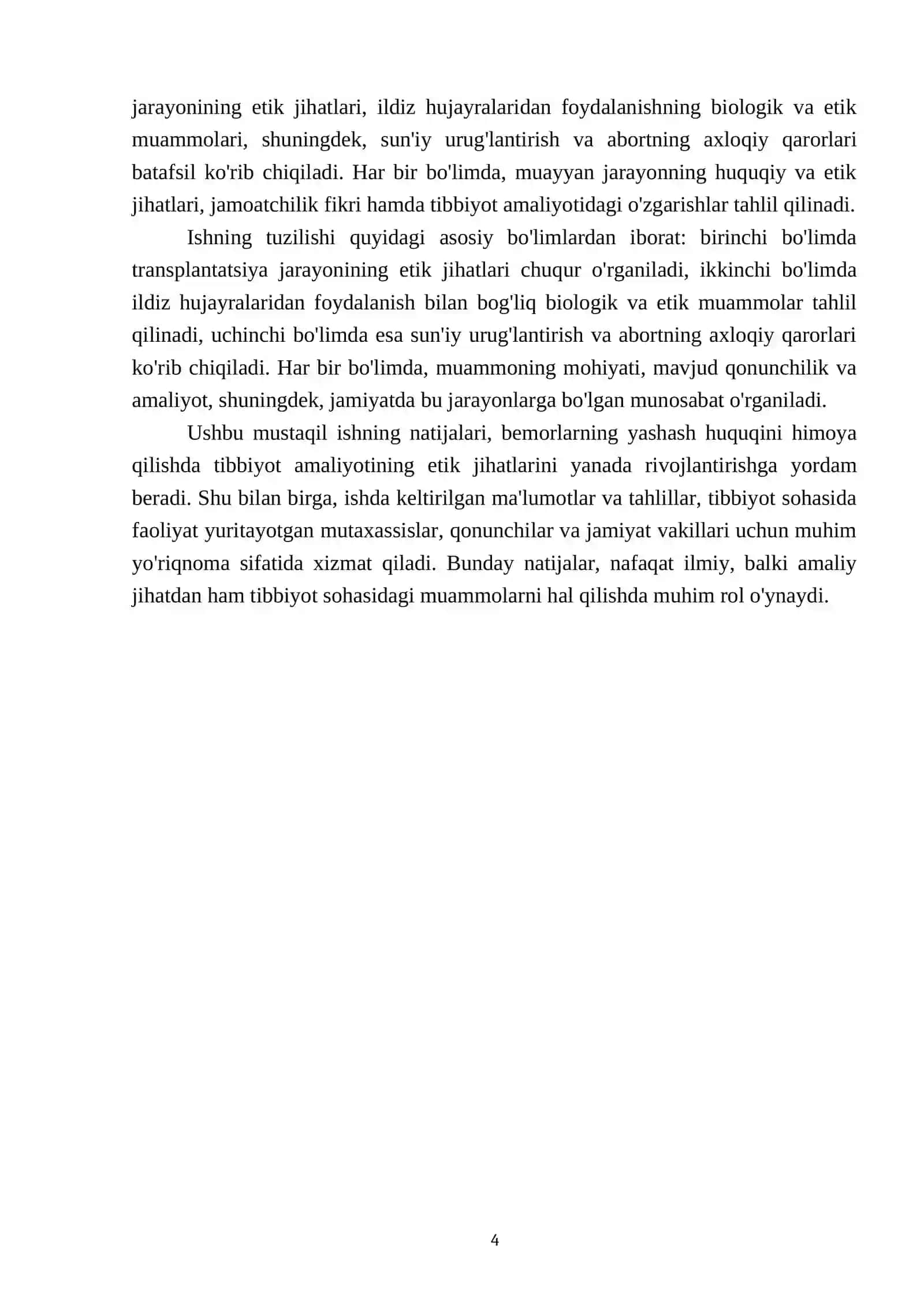 BEMORLARNING YASHASH HUQUQINI HIMOYA QILISHNING DEONTOLOGIK JIHATLARI: TRANSPLANTATSIYA, ILDIZ HUJAYRALARIDAN FOYDALANISH, SUN’IY URUG’LANTIRISH, ABORT. SUN’IY RAVISHDA HAYOTNI QO’LLAB-QUVVATLAYDIGAN TEXNOLOGIYALARNING AXLOQIY MUAMMOLARI 4