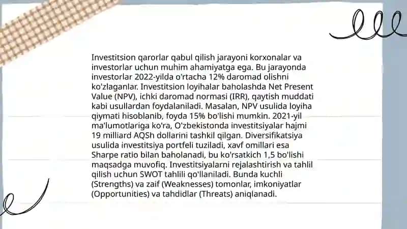 Sof joriy qiymat usullari boʻyicha investitsion qarorlarni qabul qilish 4