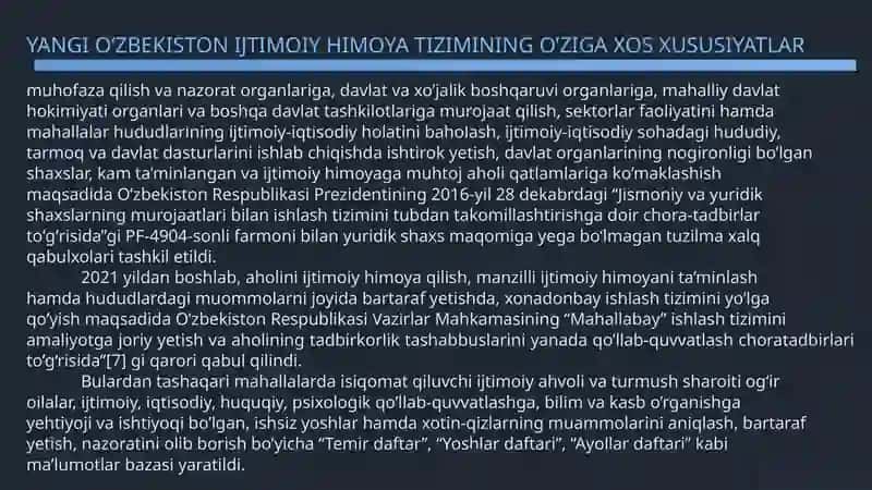 YANGI O’ZBEKISTON IJTIMOIY HIMOYA TIZIMINING O’ZIGA XOS XUSUSIYATLAR 4
