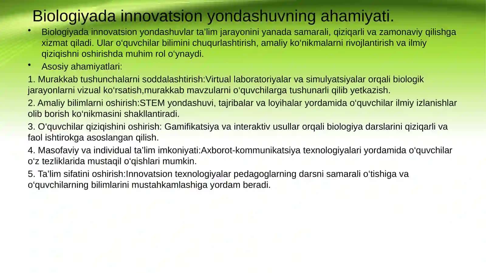 BIOLOGIYA FANI O’QITUVCHISINING INNOVATSION FAOLIYATI. INNOVATSION TEXNOLOGIYALAR HAQIDA TUSHUNCHA 4