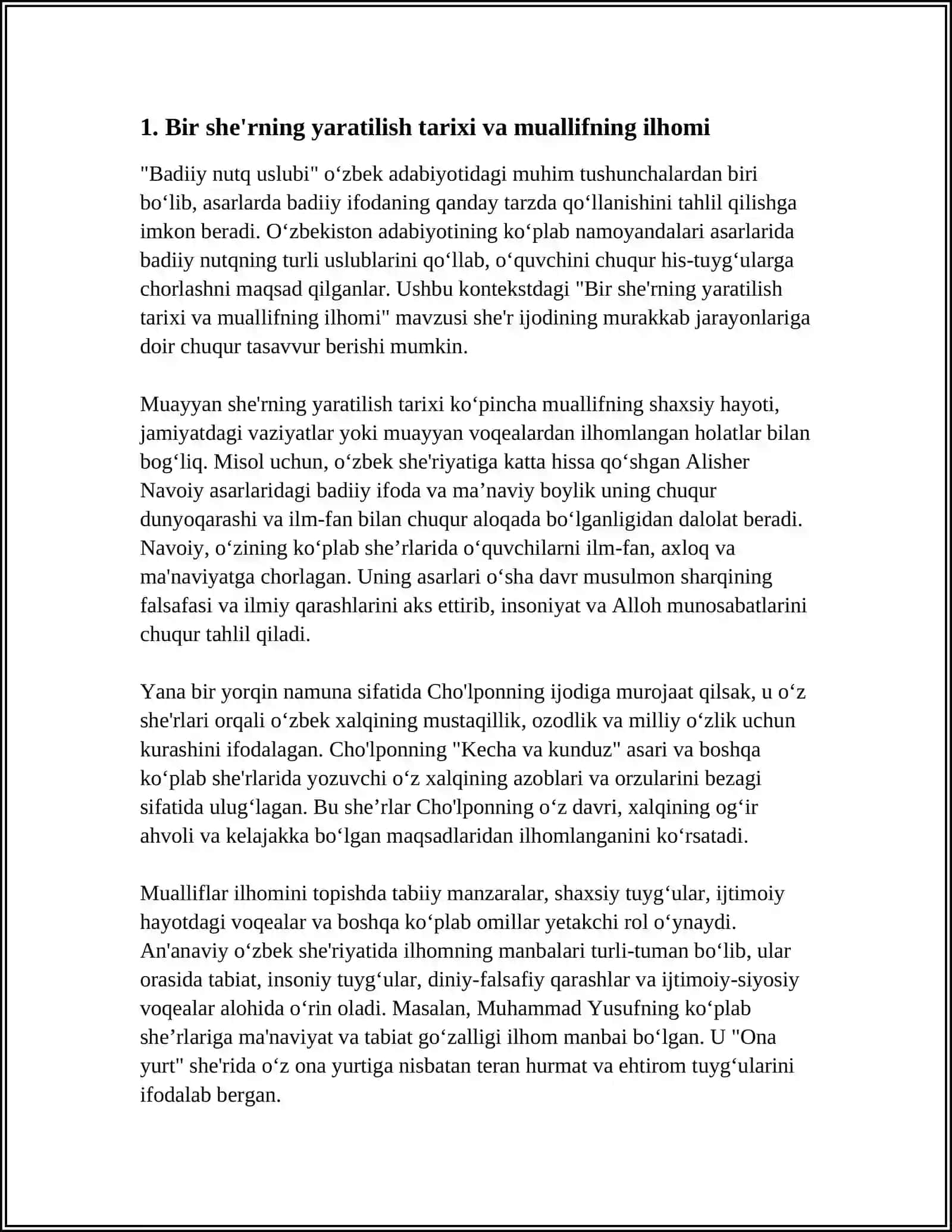 BADIIY NUTQ USLUBI. OʻZBEK SHE’RIYATI. “BIR SHE’R TARIXI”MAVZUSIDA ESSE YOZISH 4