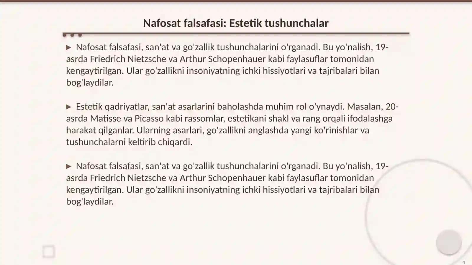 Axloq falsafasi (Etika):Nafosat falsafasi (Estetika) 4