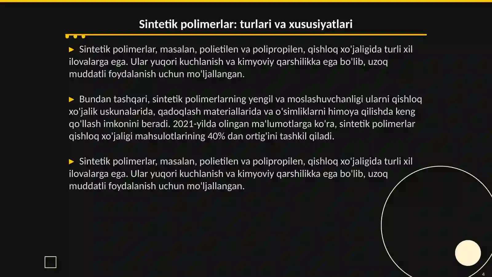 Tabiiy va sintetik polimerlar asosida qishloq xo'jaligi uchun muhim yangi predmetlar ishlab chiqarish 4