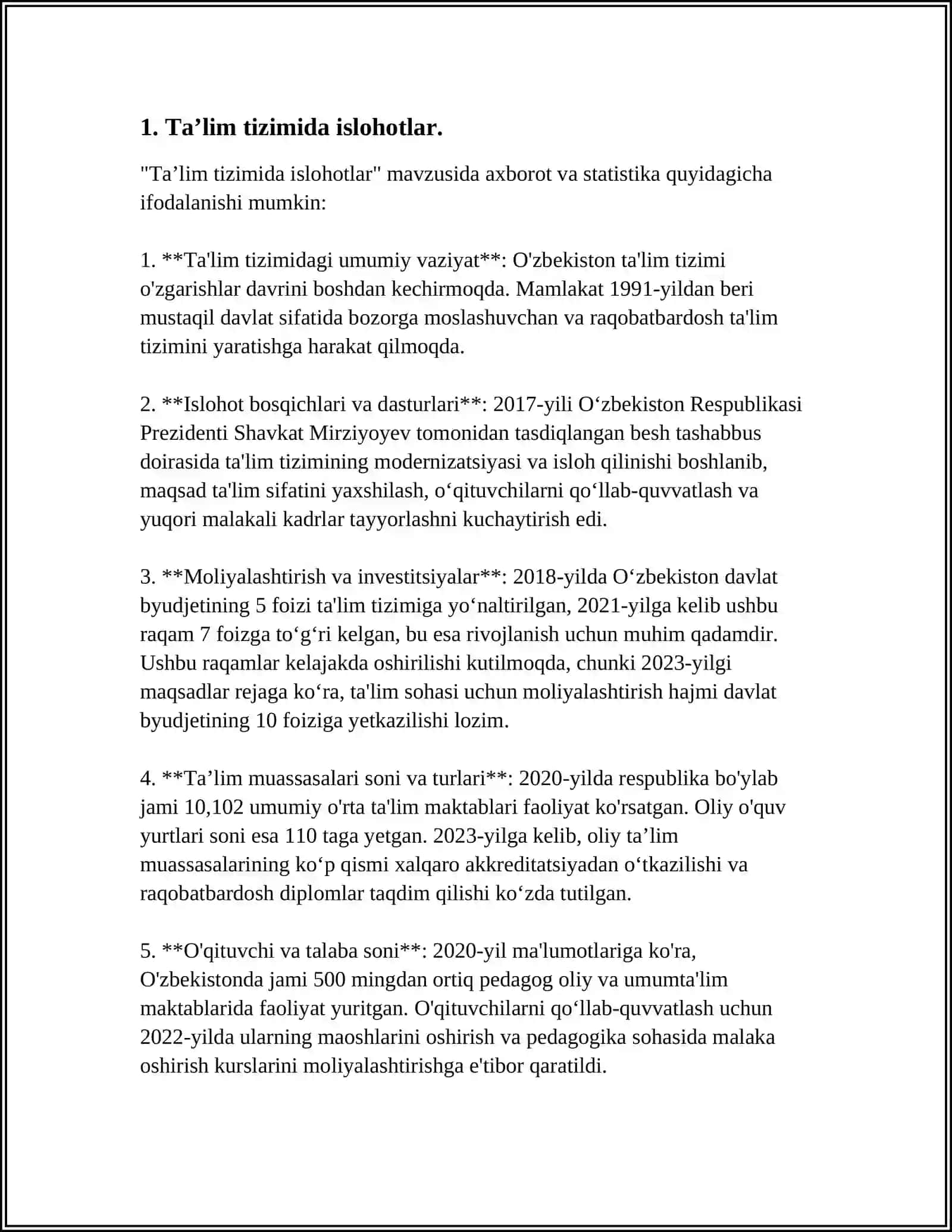 O’QITUVCHI PEDAGOK MAHORATI. O’ZBEKISTON RESPUBLIKASI PREZIDENTI SH.M.MIRZIYOYEV ASARLARIDA TA’LIM-TARBIYA MASALASI 4