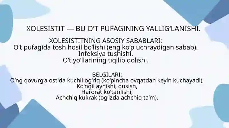 Xolesistitlarda yog lar hazmlanishini buzilishi(steatoreya) 4