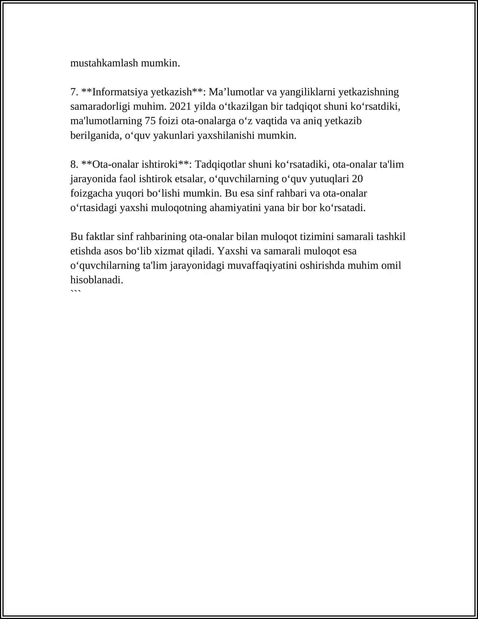 SINF RAHBARLARI VA OTA-ONALAR MUNOSABATLARINI O’RGANISH VA BOSHQARISHNING PEDAGOGIK-PSIXOLOGIK XUSUSIYATLARI 4