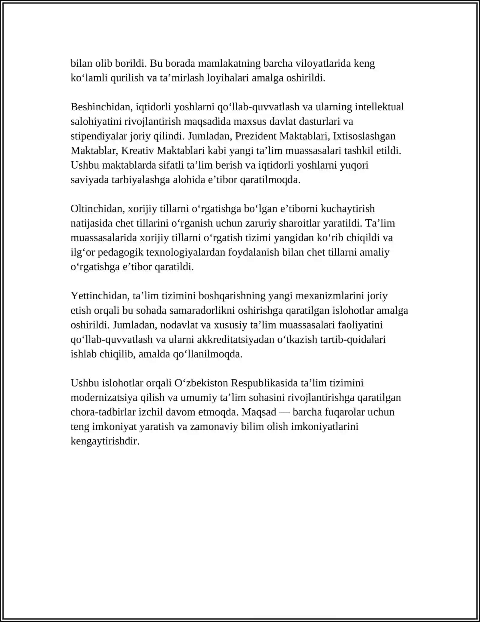 O'ZBEKISTON RESPUBLIKASIDA TA'LIM SOHASIDA AMALGA OSHIRILGAN ISLOHOTLAR 4