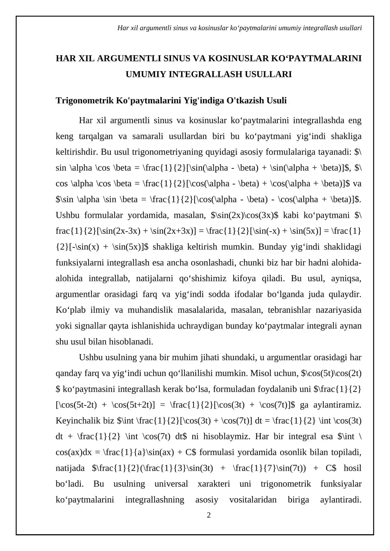 Trigonemetrik funksiyalarni integrallash Har hil argumentli sinus va kosinuslar kopaytmalari shaklidagi funksiyalarni integrallash 4