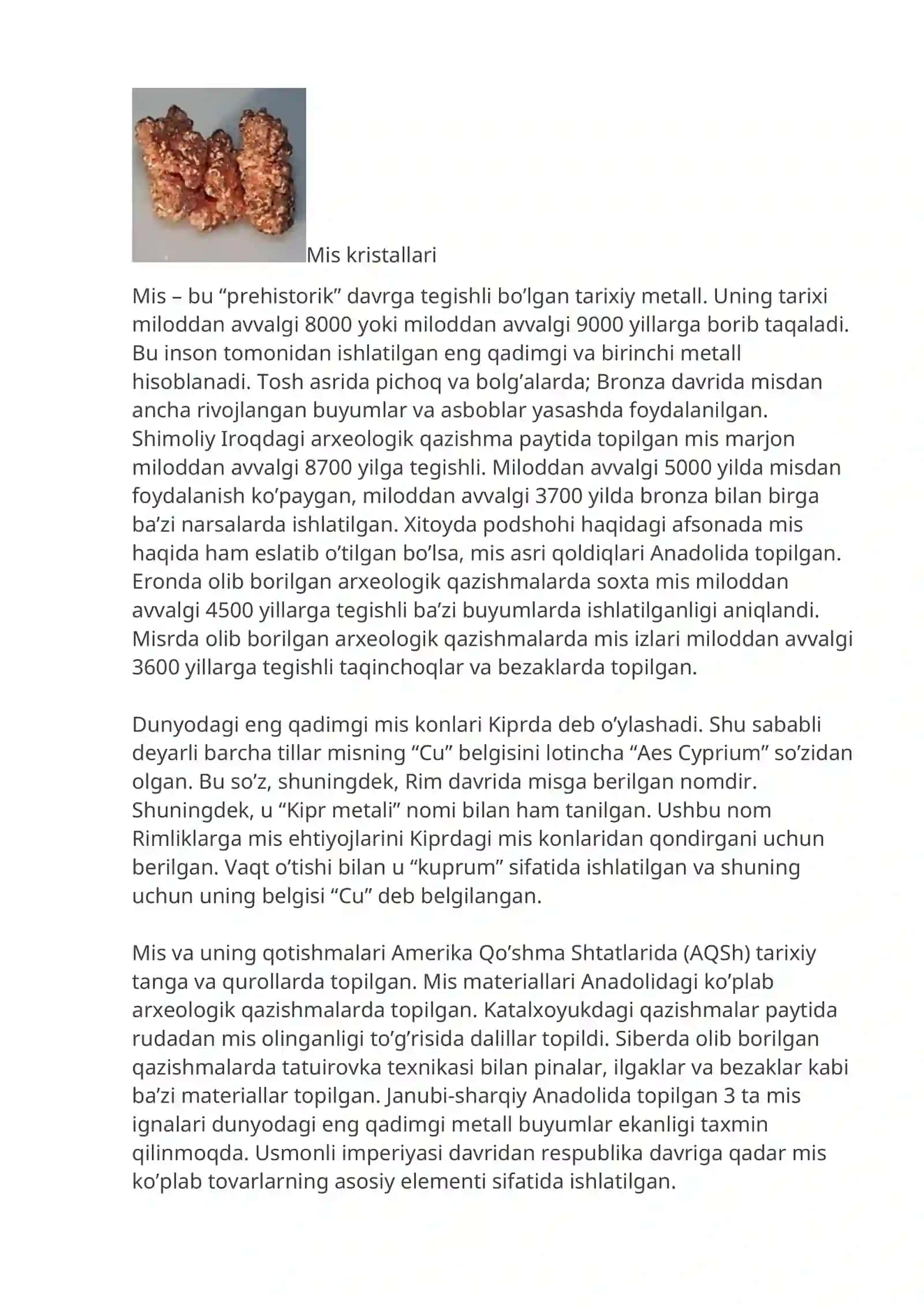 Davriy sistemaning II B gruppa elementlaridan (Cu-mis misolida) olinishi va xossalari 4