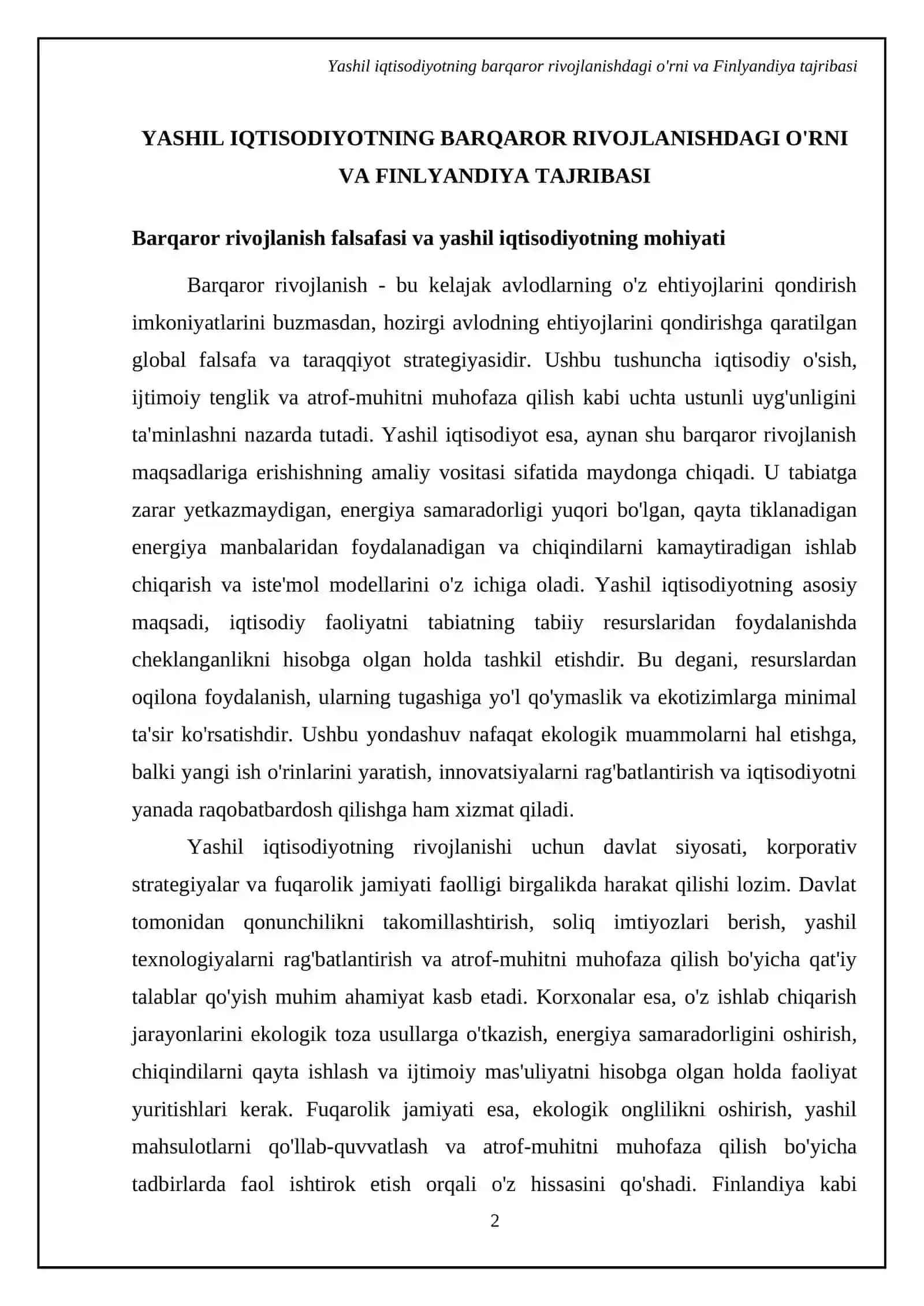 Barqaror rivojlanishda yashil iqtisodiyotning tutgan o’rni hamda energiya resurslarini qayta tiklash va tejashdagi roli:Finlyandiya misolida 4