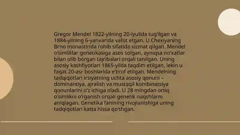 Genetikaning rivojlanish tarixi. G.Mendel qonunlari. Monoduragay chatishtirish 4