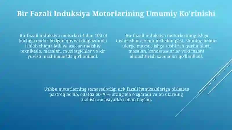 Bir Fazali Induksiya Motorlarining Qo'llanilishi va Texnik Xususiyatlari 4