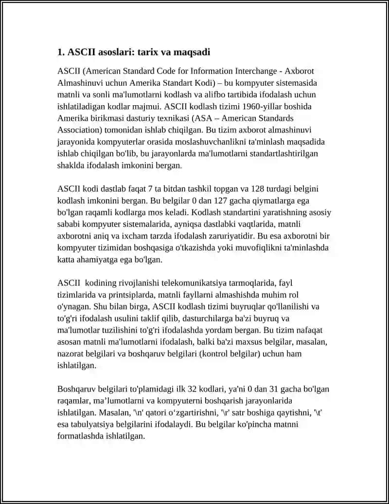 MATINLI VA SONLI MA'LUMOTLARNI, KODLASHDA ASCII 4