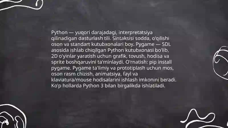 O'yin Yaratish: Pygame kutubxonasi yordamida 2D o'yinlar ishlab chiqish 4