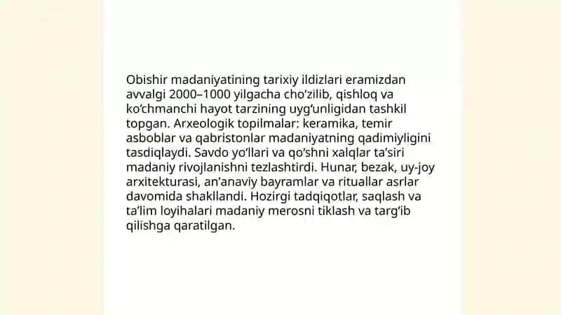 Obishir Madaniyatini O'zida Aks Ettirgan Taqdimot Yaratish 4