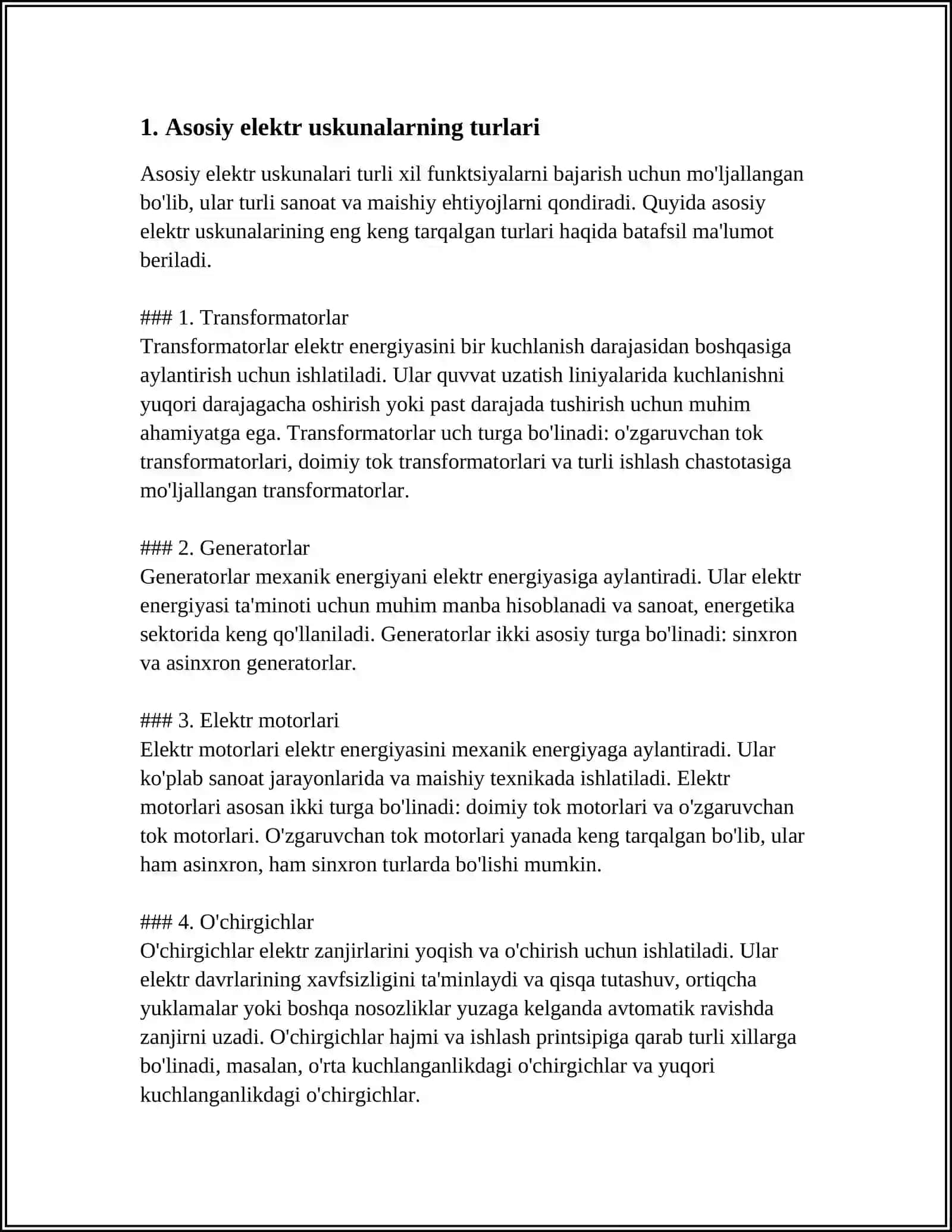 ASOSIY ELEKTROTEXNIK USKUNALARNING VA TOK UTKAZUVCHI QISIMLARNI TANLASH 4