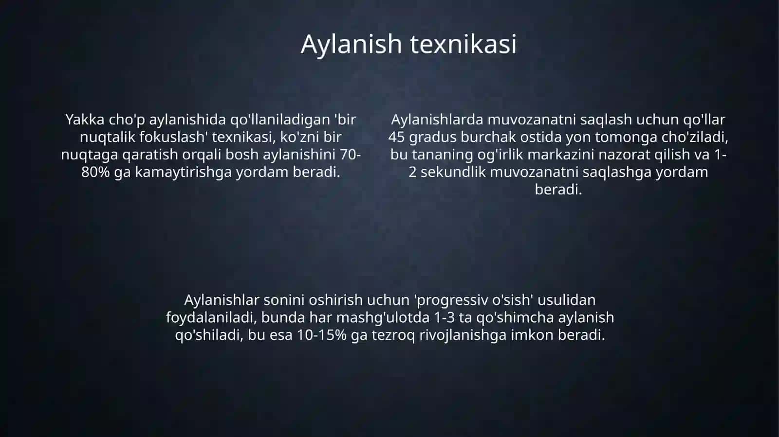 Yakka cho‘p: burilish, aylanish muvozanat ushlash mashqlari 4