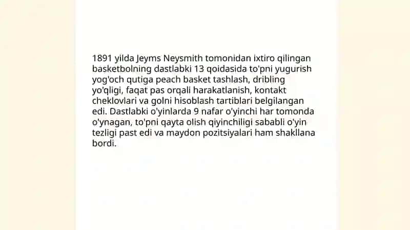 Basketbol o'yinini rivojlanishi tarixi va rivojlanish bosgichlari 4