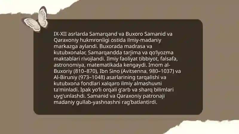 IX-Xll asrlarda mamlakatimiz hududida roʻy bergan madaniy uygʻonish (Renessans) 4
