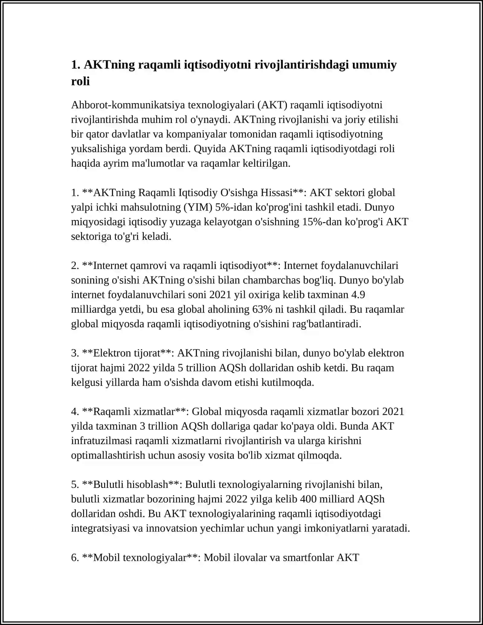 RAQAMLI IQTISODIYOTNI RIVOJLANTIRISHDA AXBOROT-KOMMUNIKATSIYA TEXNALOGIYALARINING (AKT) OʻRNI 4