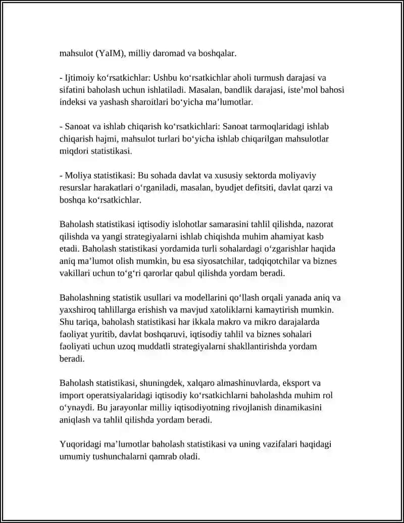 BAHO STATISTIKASI, UNING ASOSIY VAZIFALARI VA KO'RSATKICHLARI 4