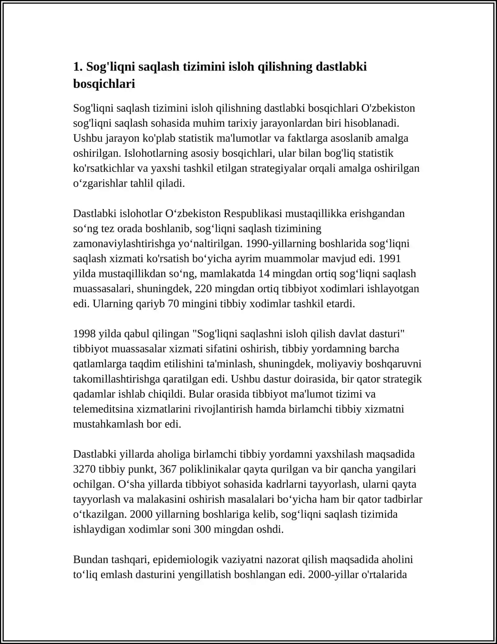 MUSTAQILLIK YILLARIDA SOG'LIQNI SAQLASHDA AMALGA OSHIRILGAN ISLOHOTLAR 4