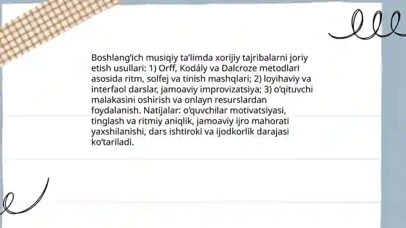 Musiqiy ta'lim tarbiya jarayonida xorijiy tajribalarni oʻrganish va amaliyotga tatbiq etish 4