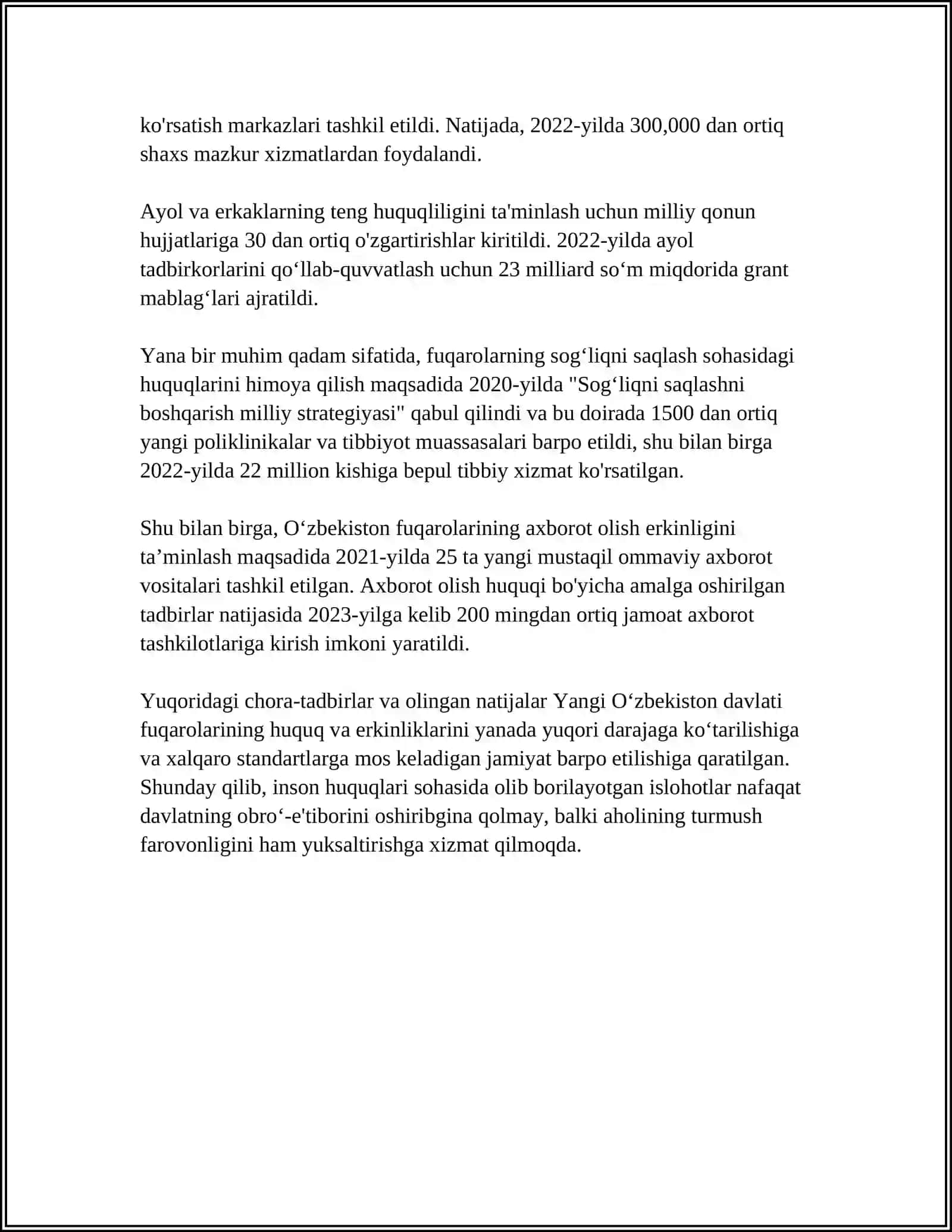 YANGI O'ZBEKISTONDA INSON HAQ - HUQUQLARI VA ERKINLIKLARI KAFOLATINING YARATILISHI 4
