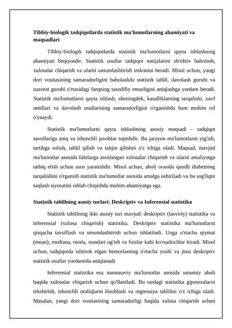 Tibbiy va biologik tadqiqotlarning statistik ma'lumotlar natijalarini qayta ishlash imkoniyati 4
